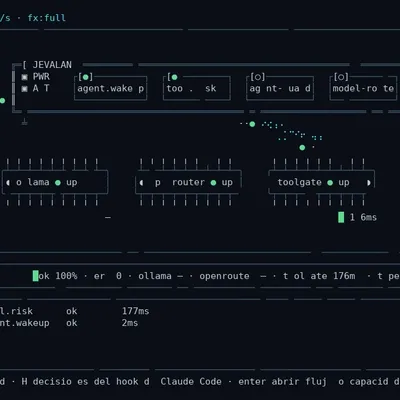 Panel terminal de Jevalan mostrando peticiones simuladas que se mueven entre servicios.